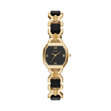 Load image into Gallery viewer, Harlow Three-Hand Black Leather and Gold-Tone Stainless Steel Watch