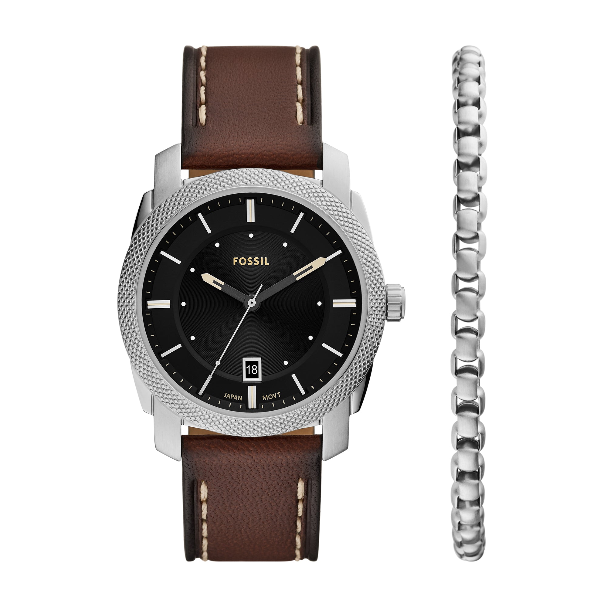 Machine Three-Hand Date Brown Leather Watch and Bracelet Set