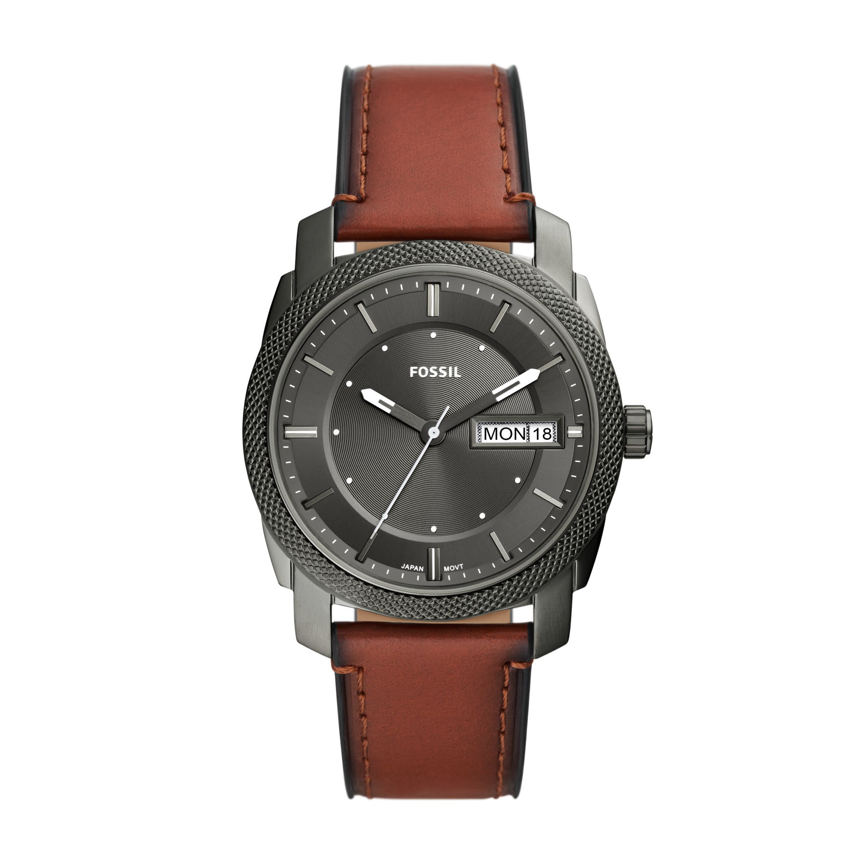 Fossil Machine Three-Hand Date Brown Leather Watch – Fossil 