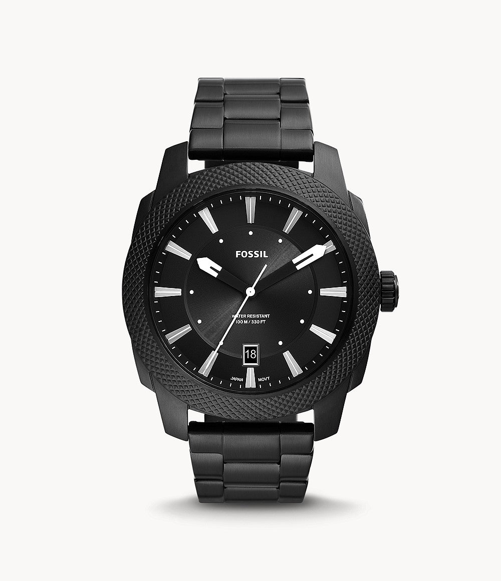 Fossil Machine Three-Hand Date Black Stainless Steel Watch