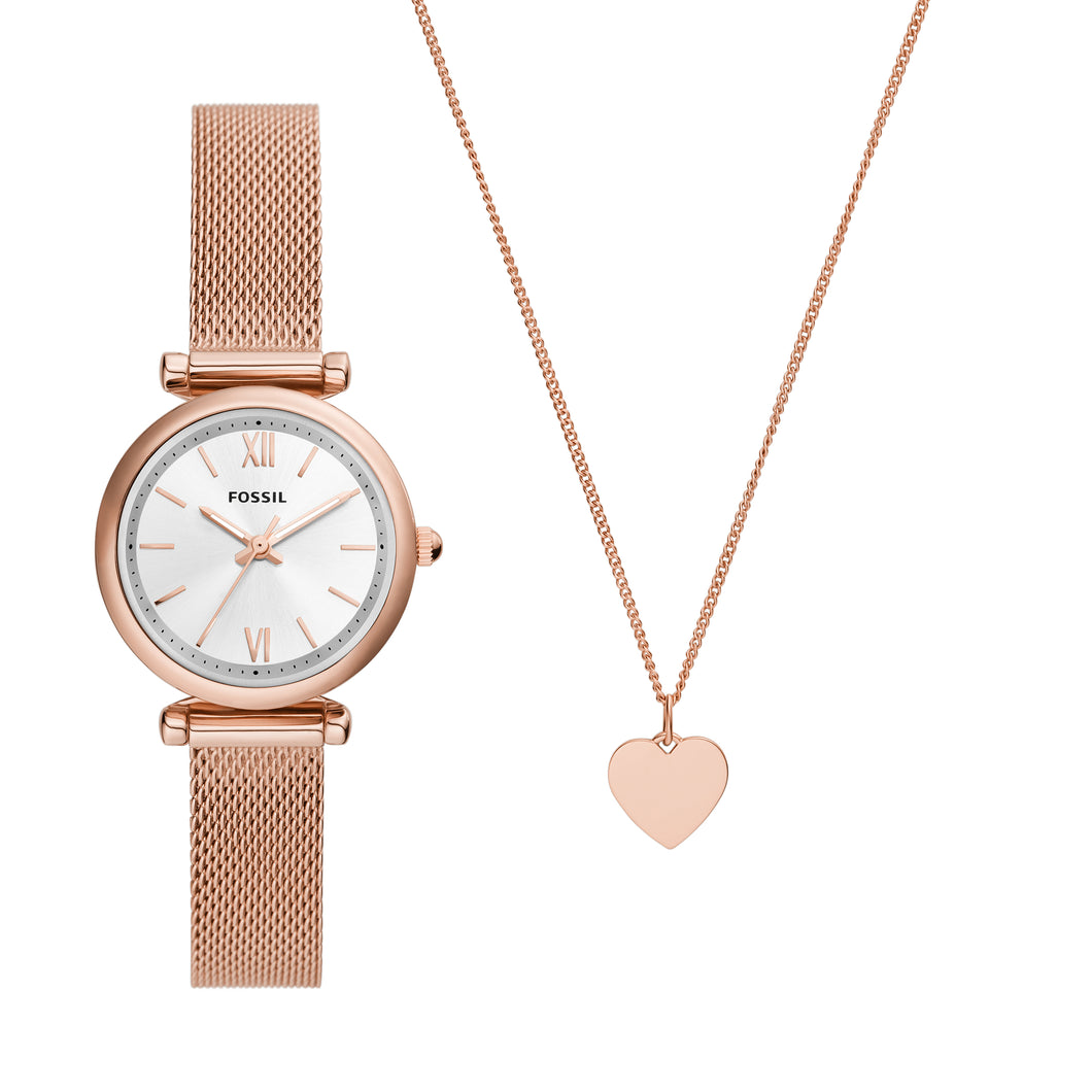 Carlie Three-Hand Rose Gold-Tone Stainless Steel Watch and Necklace Box Set