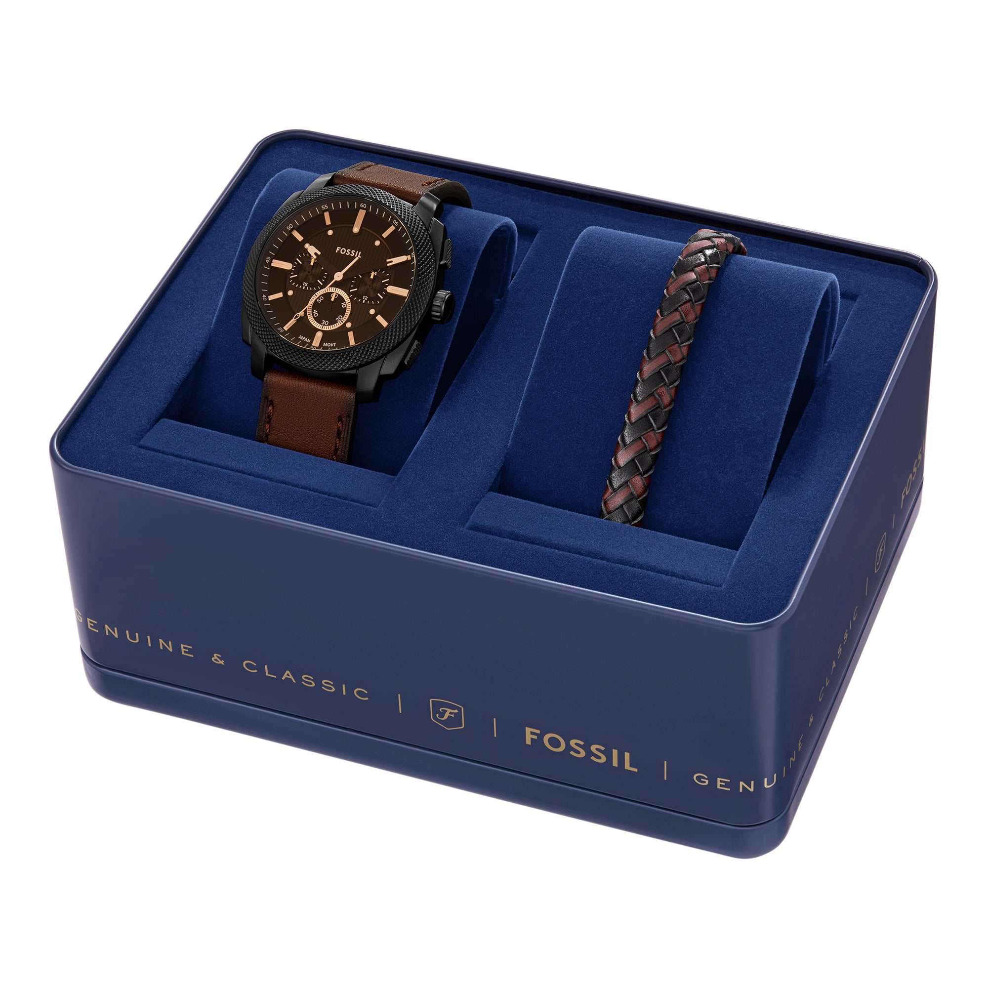 Bracelet Fossil Leather Watch Box Machine Chronograph Brown
