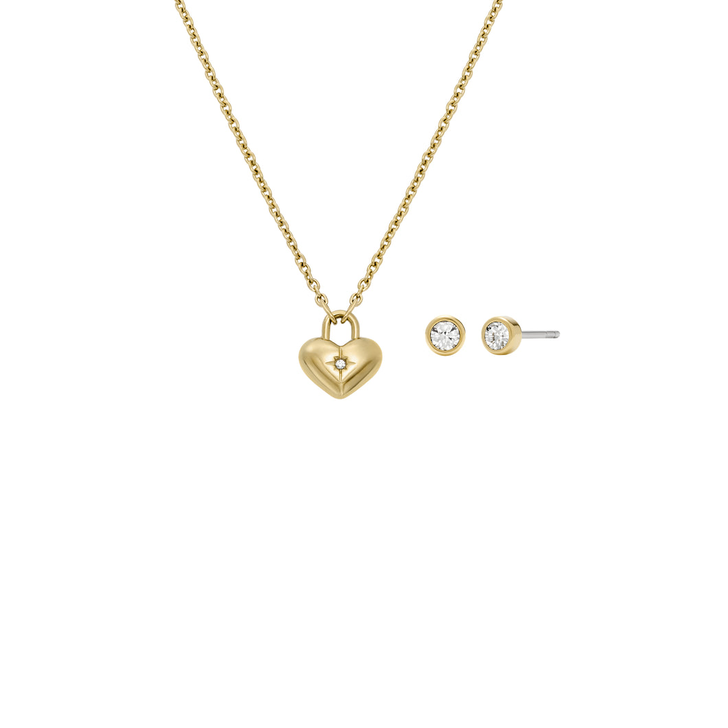 Gold-Tone Stainless Steel Heart Necklace and Earrings Gift Set