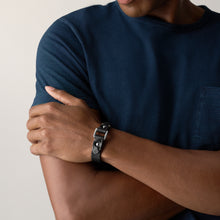 Load image into Gallery viewer, Machine Rugged Stainless Steel and Black Leather Strap Bracelet
