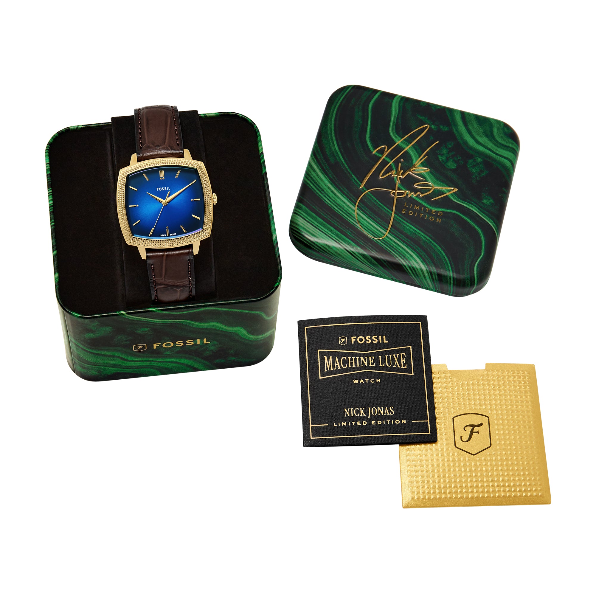 Nick Jonas x Fossil Machine Luxe Blue Vignette Three-Hand Brown
