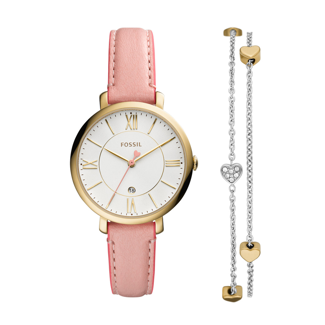 Jacqueline Three-Hand Date Light Pink Leather Watch and Bracelet Set