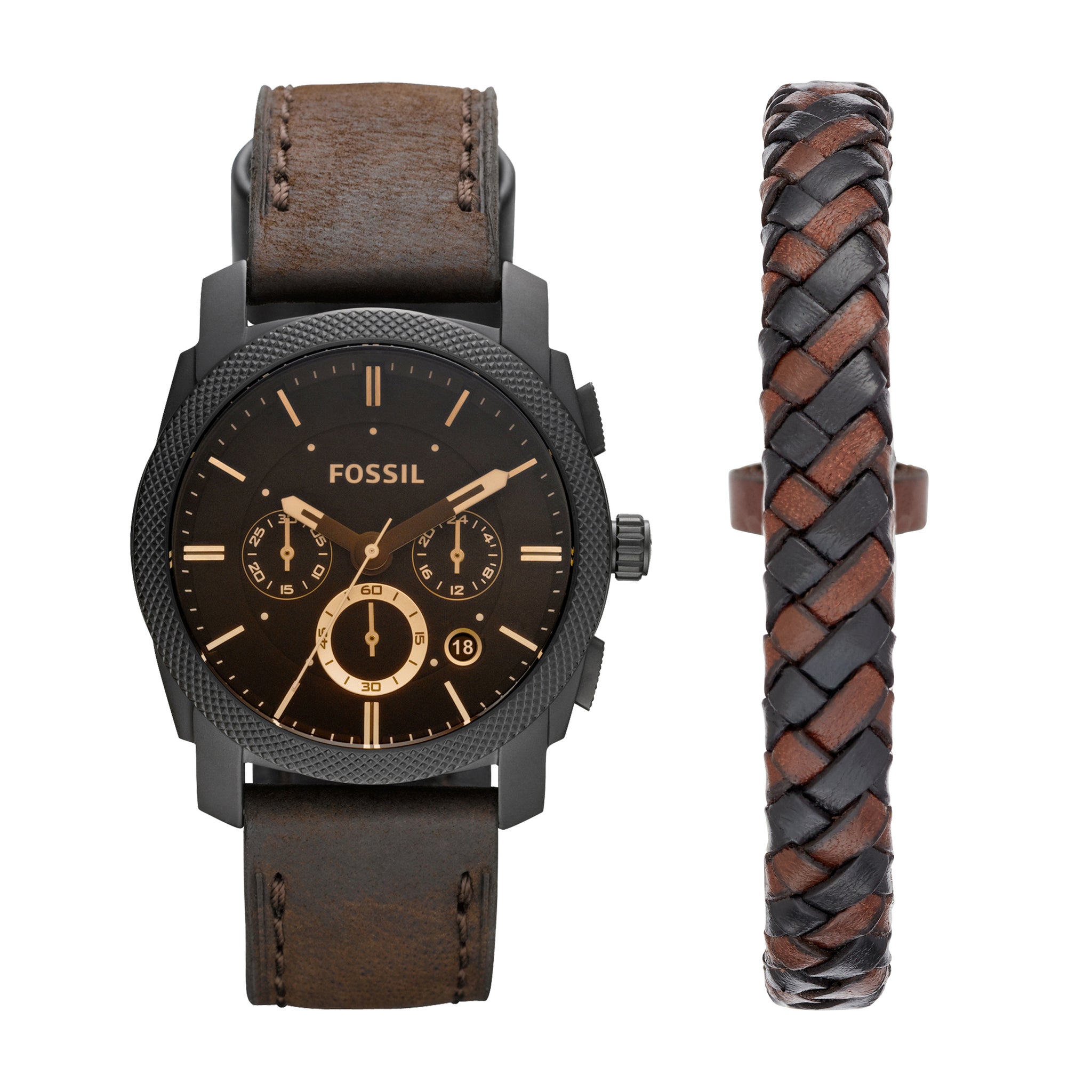 Fossil Machine Chronograph Dark Brown Leather Watch and Bracelet Box Set Fossil Malaysia