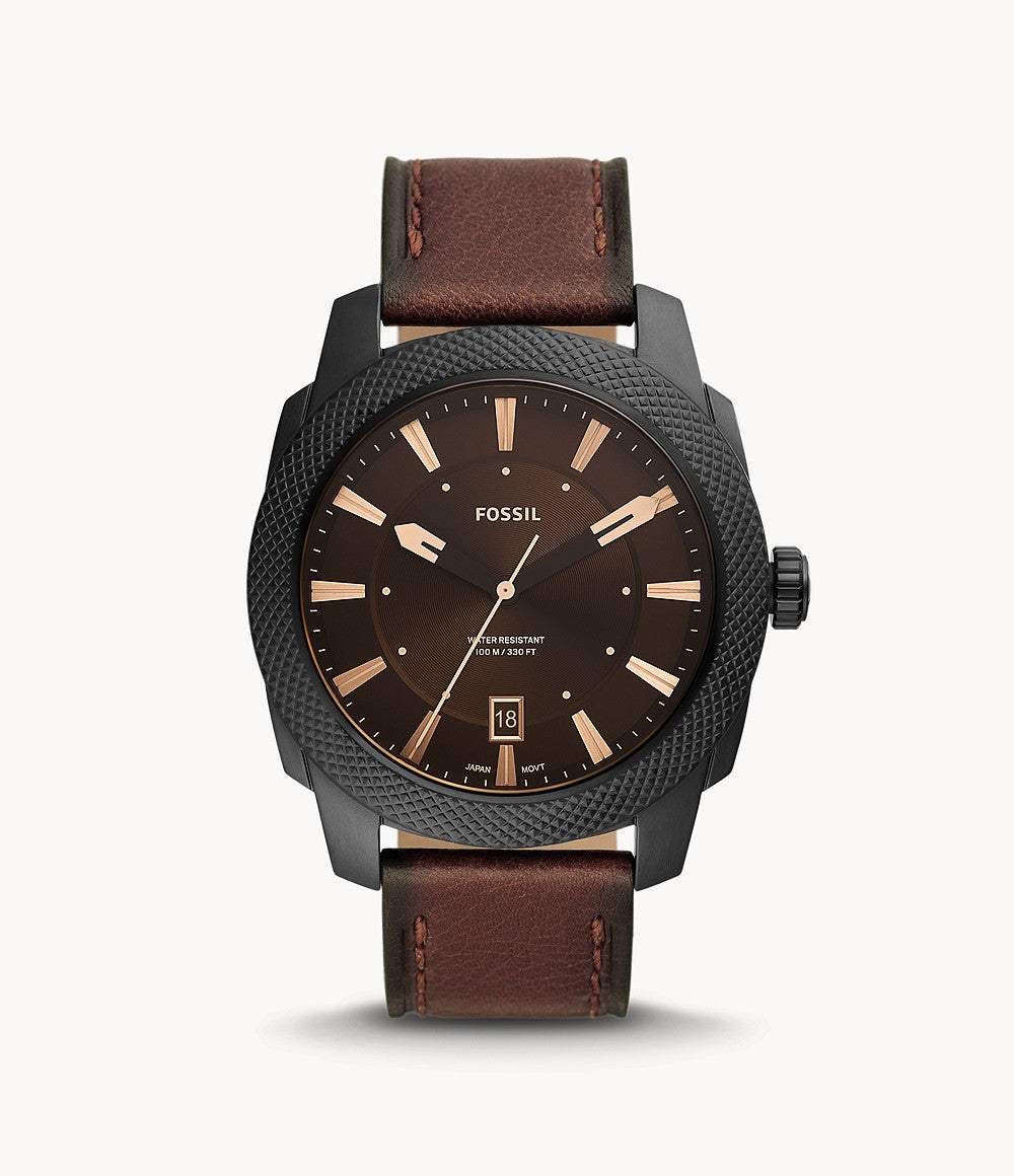 Machine Three-Hand Date Dark Brown LiteHide™ Leather Watch