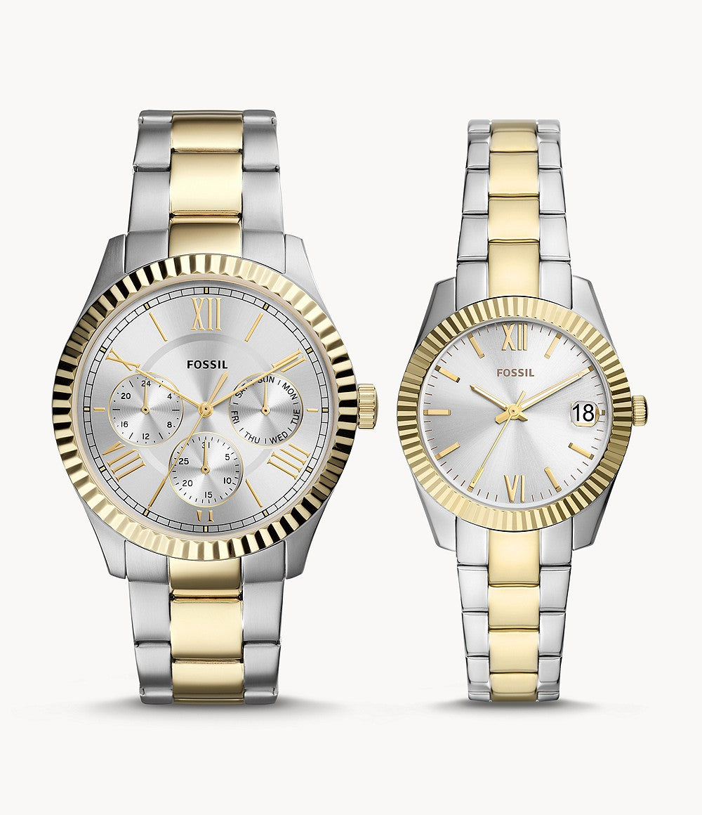 His and Hers Multifunction Two-Tone Stainless Steel Watch Set