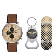 Load image into Gallery viewer, Madrid x Fossil Limited Edition Neutra Chronograph Medium Brown Eco Leather Watch with Bottle Opener and Fingerboard Set
