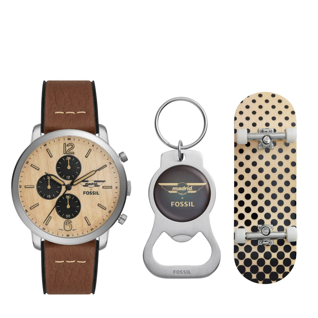 Madrid x Fossil Limited Edition Neutra Chronograph Medium Brown Eco Leather Watch with Bottle Opener and Fingerboard Set