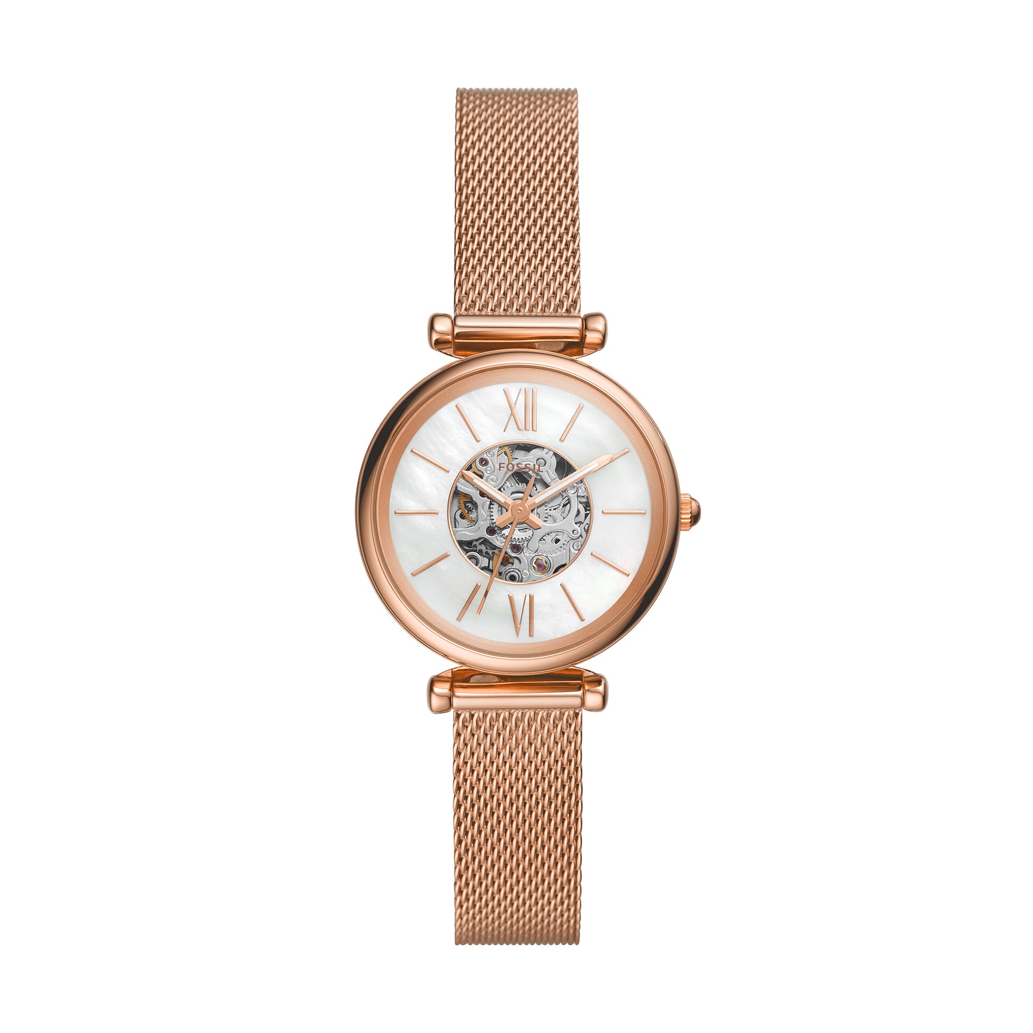 Fossil Carlie Mini Automatic Rose Gold-Tone Stainless Steel Mesh